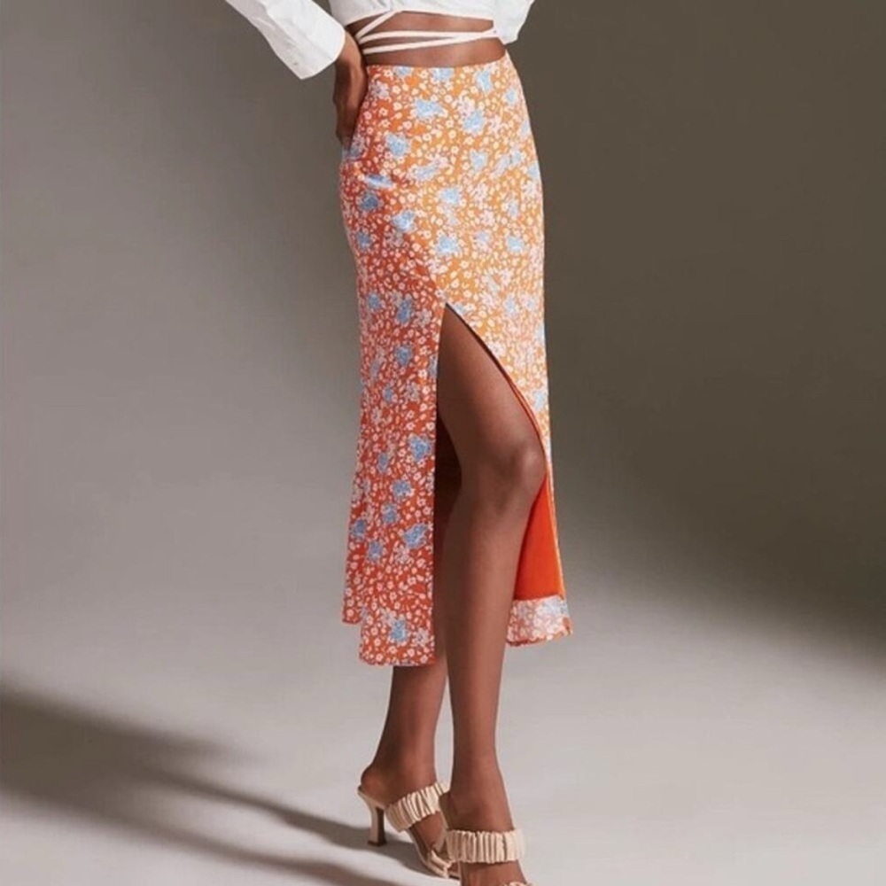Anthropologie Mauve Summer Lillie Orange Floral Flowy Midi Skirt